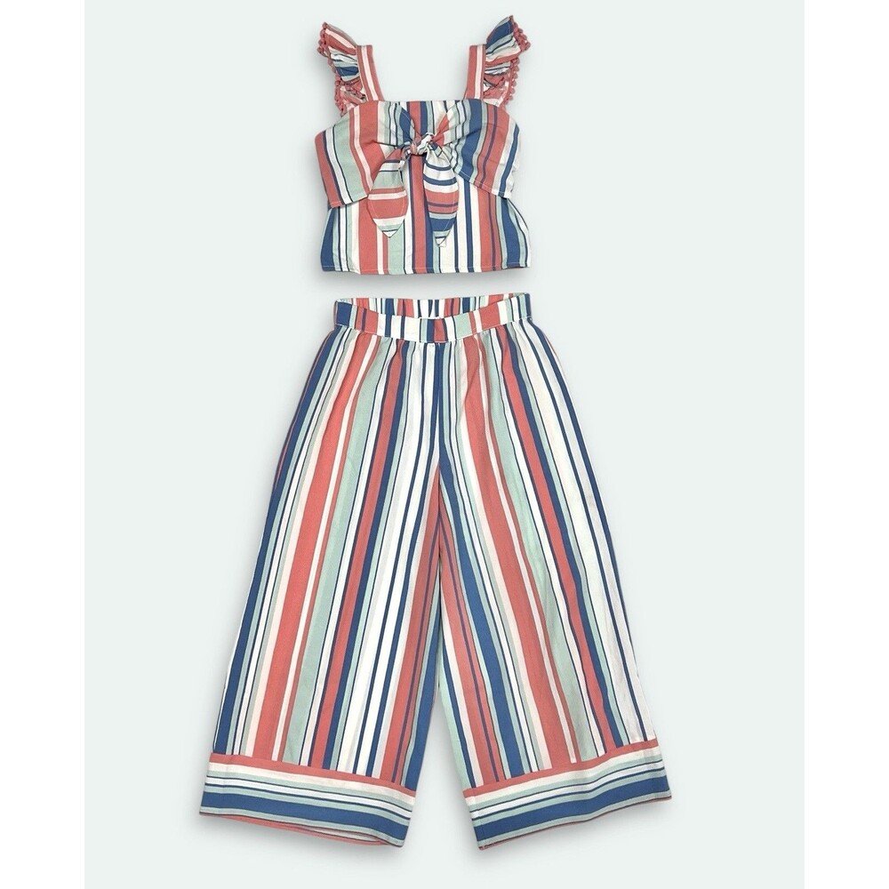 Girls Colorful Striped Tie-Front Crop Top And Wide Leg Pant Set Knit Works Sz 10